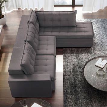 Sofá Presidente com Chaise Direito Veludo Cinza Claro 296cm